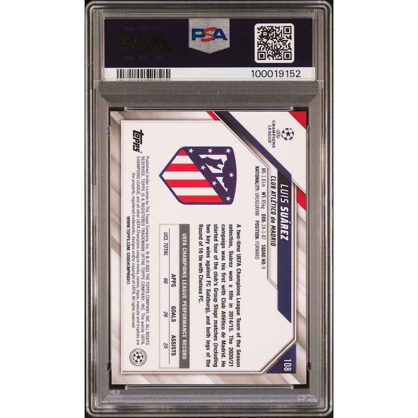 2021-2022 Topps Chrome Sapphire Edition UEFA Champions League #108 Luis Suarez PSA 10