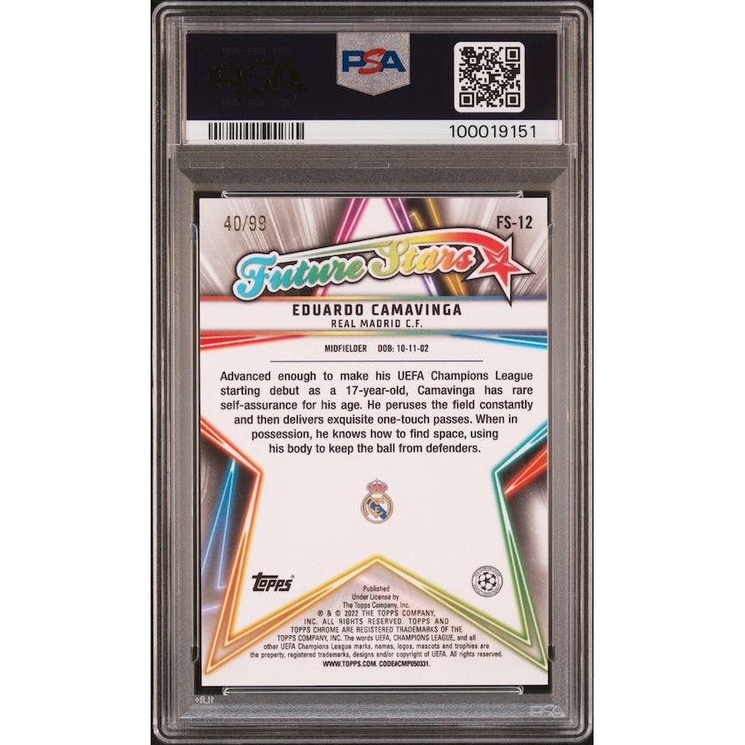 2021-2022 Topps Chrome Sapphire Edition UEFA Champions League Future Stars #12 Eduardo Camavinga Future Stars-Yellow (#'d 40/99) PSA 10