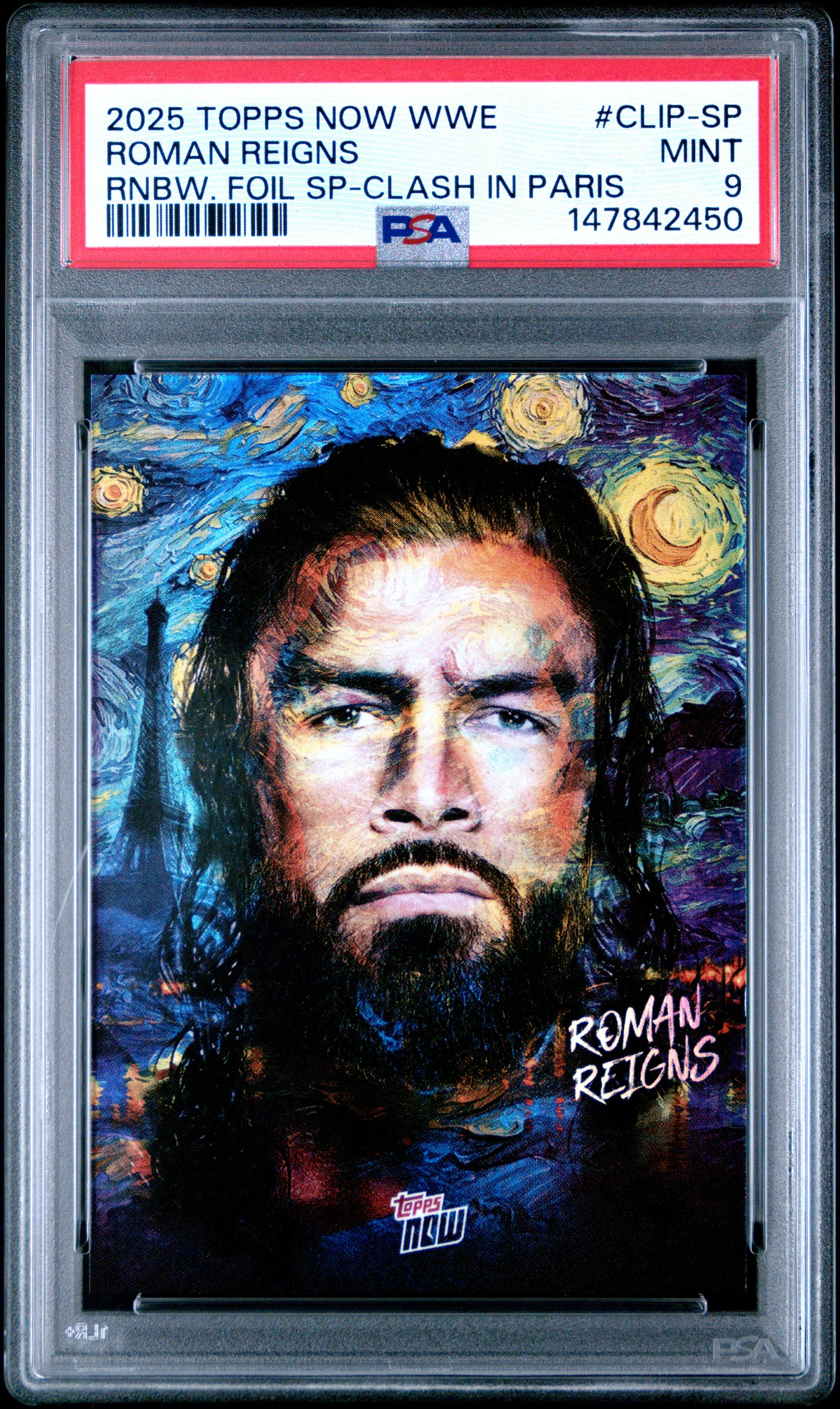2025 TOPPS NOW WWE CLASH IN PARIS #CLIP-SP ROMAN REIGNS RNBW. FOIL SP-CLASH IN PARIS PSA 9