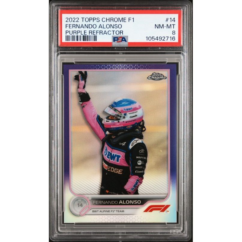 2022 Topps Chrome Formula 1 #14 Fernando Alonso Purple Refractor PSA 8