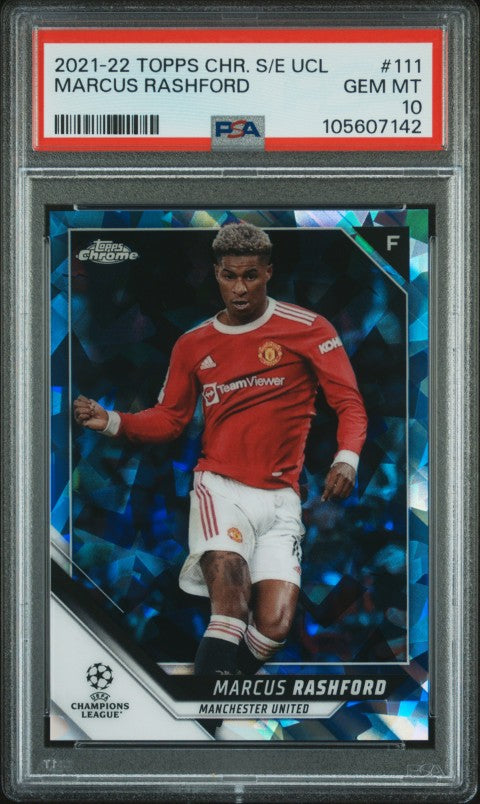 2021-2022 Topps Chrome Sapphire Edition Uefa Champions League #111 Marcus Rashford PSA 10