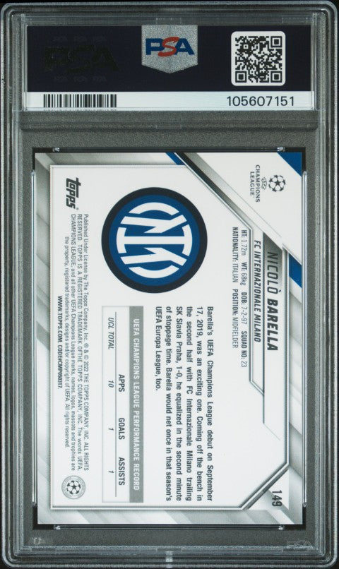2021-2022 Topps Chrome Sapphire Edition Uefa Champions League #149 Nicolo Barella PSA 10