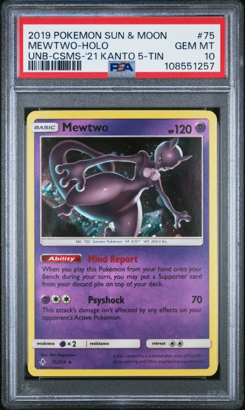 2019 Pokemon Sun & Moon Unbroken Bonds #75 Mewtwo-Holo Unb-Csms-'21 Kanto 5-Tin PSA 10
