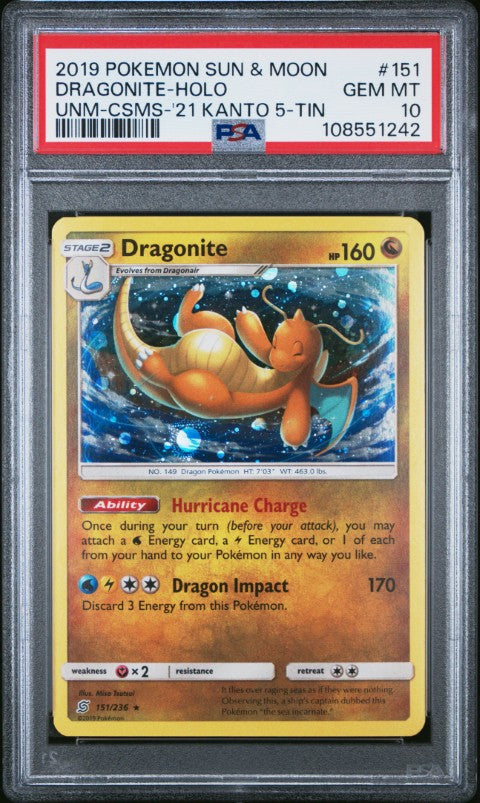 2019 Pokemon Sun & Moon Unified Minds #151 Dragonite-Holo Unm-Csms-'21 Kanto 5-Tin PSA 10