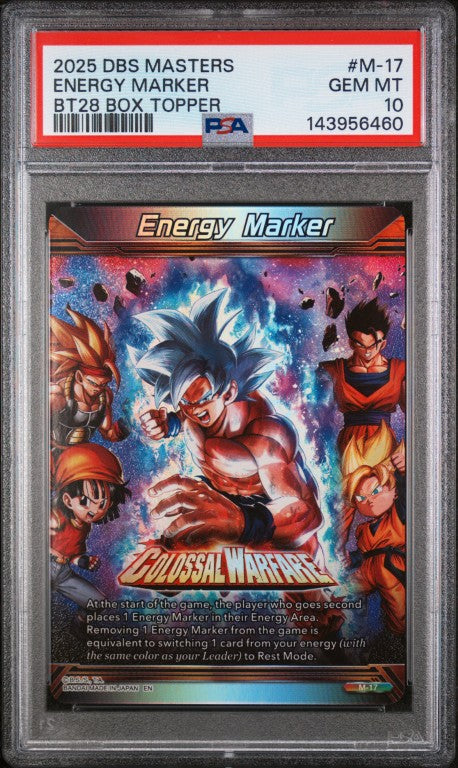 2025 Dragon Ball Super Card Game Masters Series 28 Prismatic Clash #M-17 Energy Marker Bt28 Box Topper PSA 10