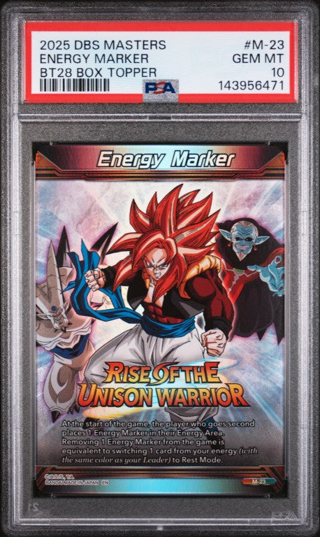 2025 Dragon Ball Super Card Game Masters Series 28 Prismatic Clash #M-23 Energy Marker Bt28 Box Topper PSA 10