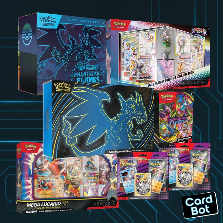 Pokémon TCG December 2025 English Bundle (Mega Charizard X UPC, Prismatic Evolutions Figure Collection, Phantasmal Flames)