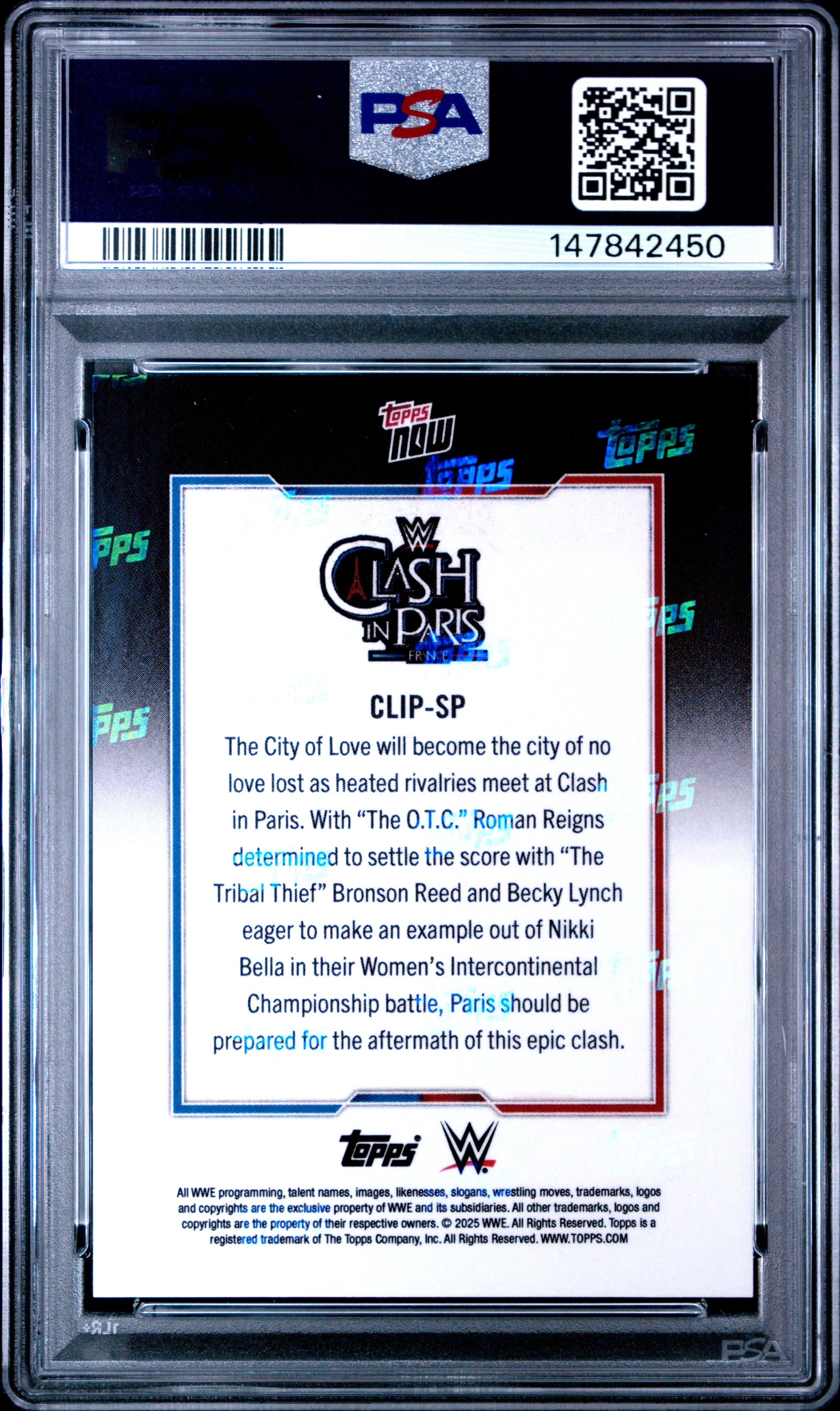 2025 TOPPS NOW WWE CLASH IN PARIS #CLIP-SP ROMAN REIGNS RNBW. FOIL SP-CLASH IN PARIS PSA 9