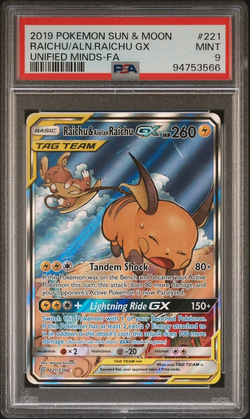 2019 Pokemon Sun & Moon Unified Minds #221 Raichu & Alolan Raichu Gx Alternate Full Art PSA 9