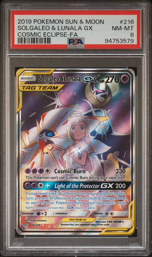 2019 Pokemon Sun & Moon Cosmic Eclipse #216 Solgaleo & Lunala Gx Alternate Full Art PSA 8