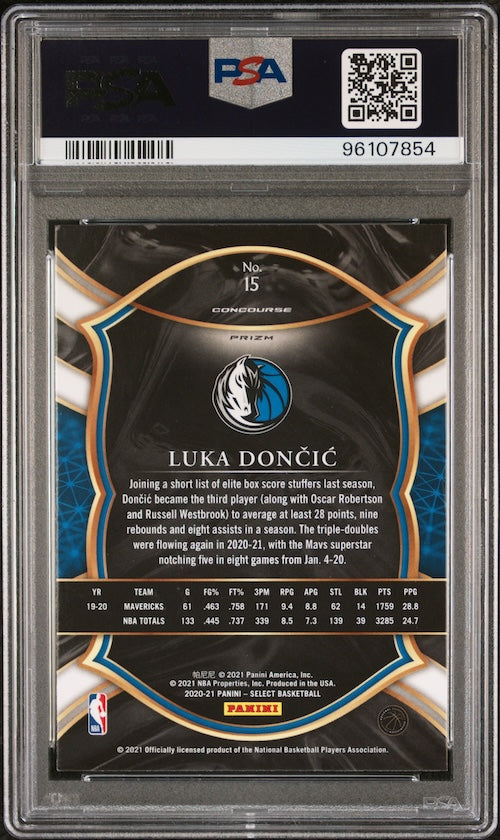 2020 Panini NBA Select #15 Luka Doncic Red/White/Green Cracked Ice PSA 9