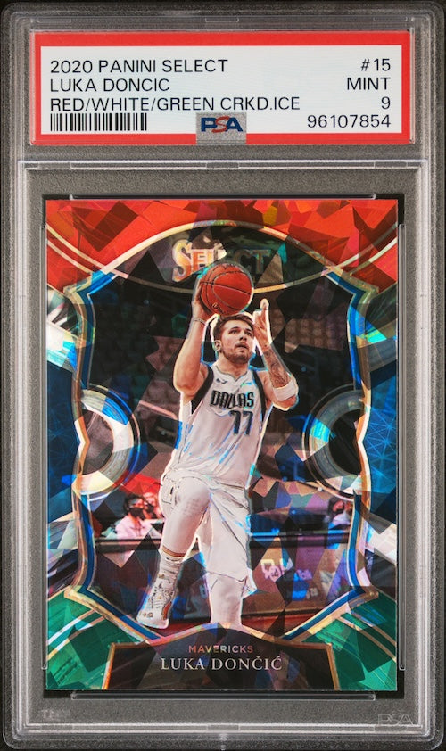 2020 Panini NBA Select #15 Luka Doncic Red/White/Green Cracked Ice PSA 9