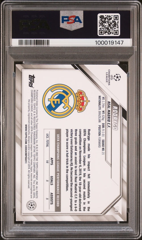 2021-2022 Topps Chrome Sapphire Edition UEFA Champions League #161 Rodrygo PSA 10