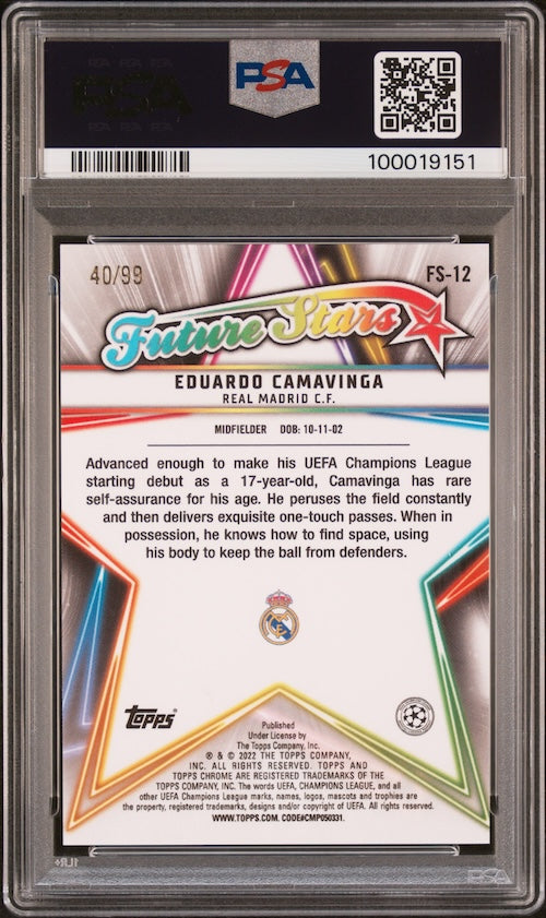 2021-2022 Topps Chrome Sapphire Edition UEFA Champions League Future Stars #12 Eduardo Camavinga Future Stars-Yellow (#'d 40/99) PSA 10