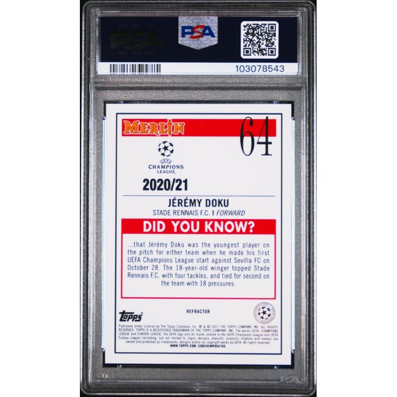 2020 Topps Merlin Chrome Uefa Champions League #64 Jeremy Doku Refractor PSA 10