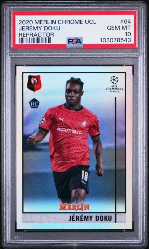 2020 Topps Merlin Chrome Uefa Champions League #64 Jeremy Doku Refractor PSA 10