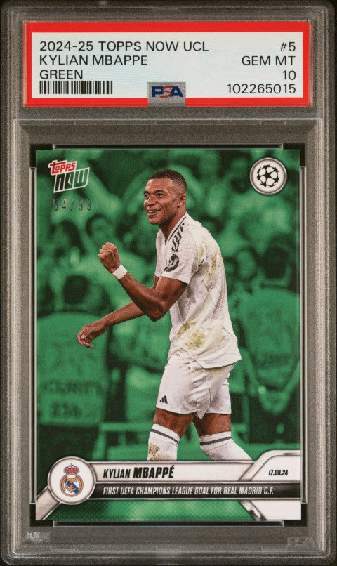 2024-25 Topps Now Uefa Champions League #5 Kylian Mbappe Green PSA 10