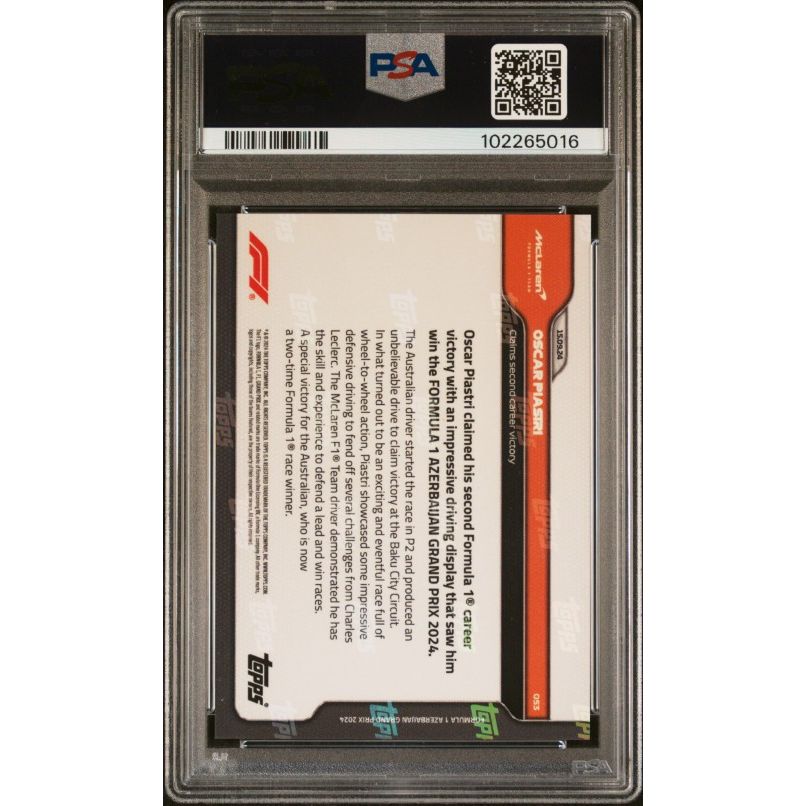 2024 Topps Now Formula 1 #53 Oscar Piastri Orange (Numbered 68/99) PSA 10