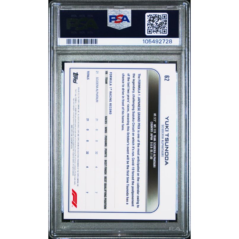 2022 Topps Chrome Formula 1 #62 Yuki Tsunoda B/W Raywave Refractor PSA 8