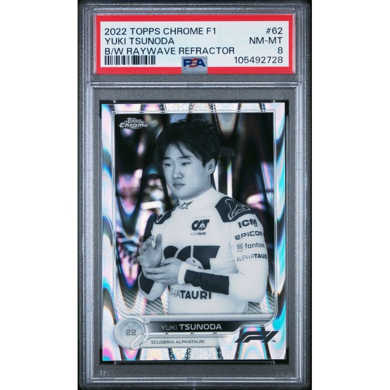 2022 Topps Chrome Formula 1 #62 Yuki Tsunoda B/W Raywave Refractor PSA 8