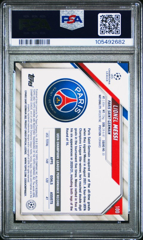 2021 Topps Chrome Uefa Champions League #100 Lionel Messi PSA 10