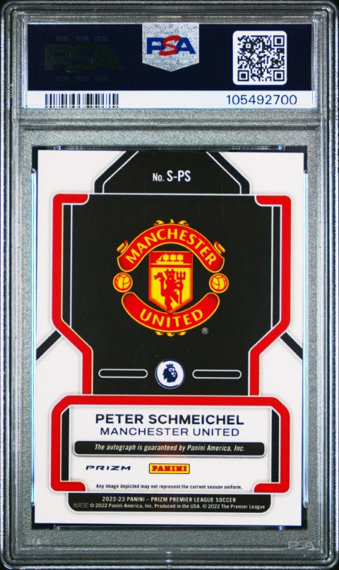 2022-23 Panini Prizm Premier League Signatures #SPS Peter Schmeichel Sig-Red Stars Prizm PSA 10