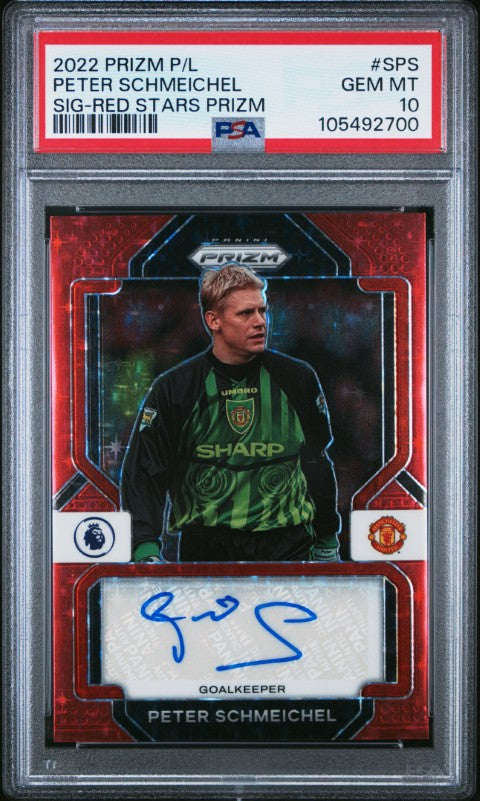 2022-23 Panini Prizm Premier League Signatures #SPS Peter Schmeichel Sig-Red Stars Prizm PSA 10