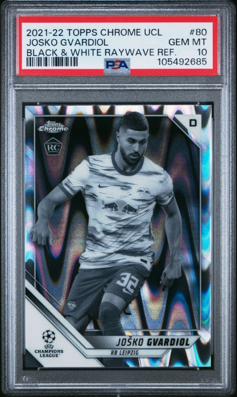 2021 Topps Chrome Uefa Champions League #80 Josko Gvardiol (Rookie Card) Black & White Raywave Ref. PSA 10