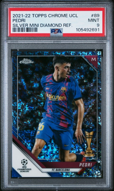 2021 Topps Chrome Uefa Champions League #89 Pedri (All-Star Rookie) Silver Mini Diamond Refractor PSA 9