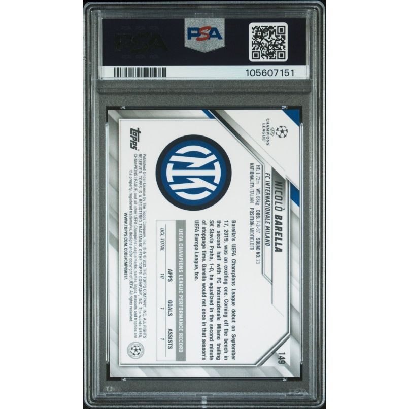 2021-2022 Topps Chrome Sapphire Edition Uefa Champions League #149 Nicolo Barella PSA 10