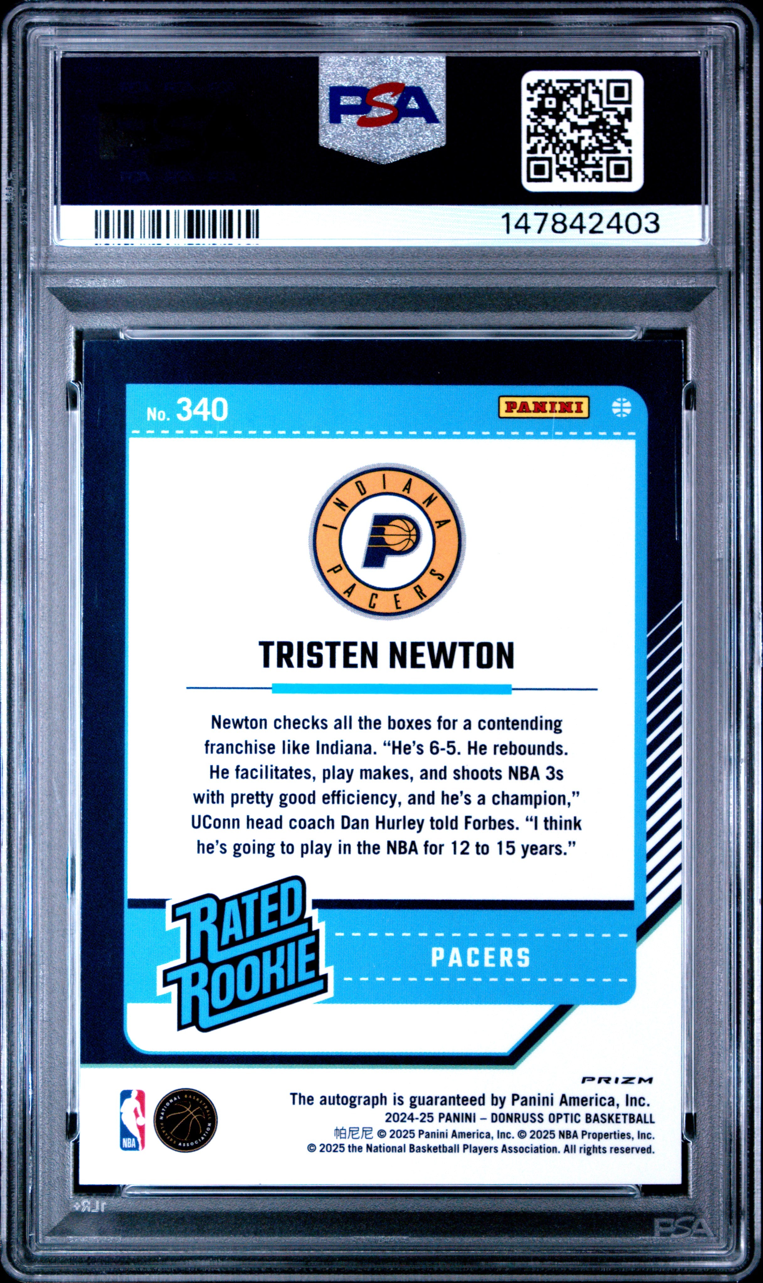 2024 PANINI DONRUSS OPTIC #340 TRISTEN NEWTON SIGNATURE-FAST BREAK PSA 9