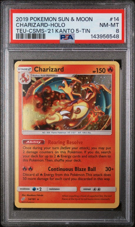 2019 Pokemon Sun & Moon Team Up #14 Charizard-Holo Teu-Csms-'21 Kanto 5-Tin PSA 8
