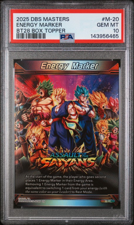 2025 Dragon Ball Super Card Game Masters Series 28 Prismatic Clash #M-20 Energy Marker Bt28 Box Topper PSA 10