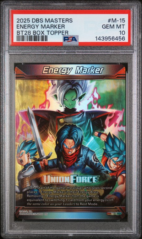 2025 Dragon Ball Super Card Game Masters Series 28 Prismatic Clash #M-15 Energy Marker Bt28 Box Topper PSA 10