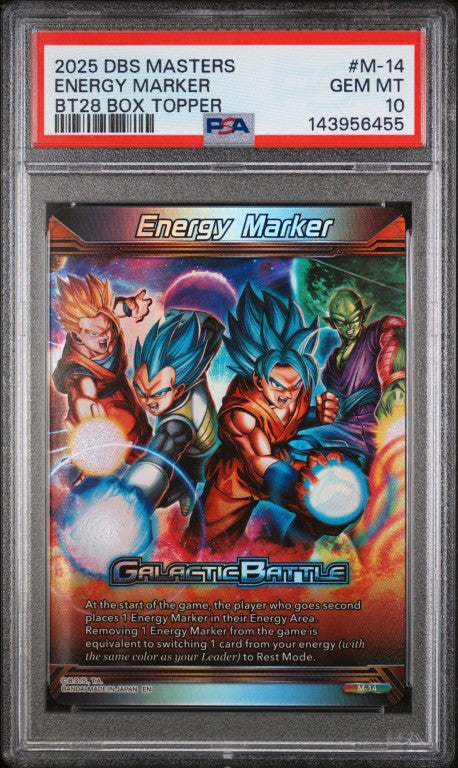 2025 Dragon Ball Super Card Game Masters Series 28 Prismatic Clash #M-14 Energy Marker Bt28 Box Topper PSA 10
