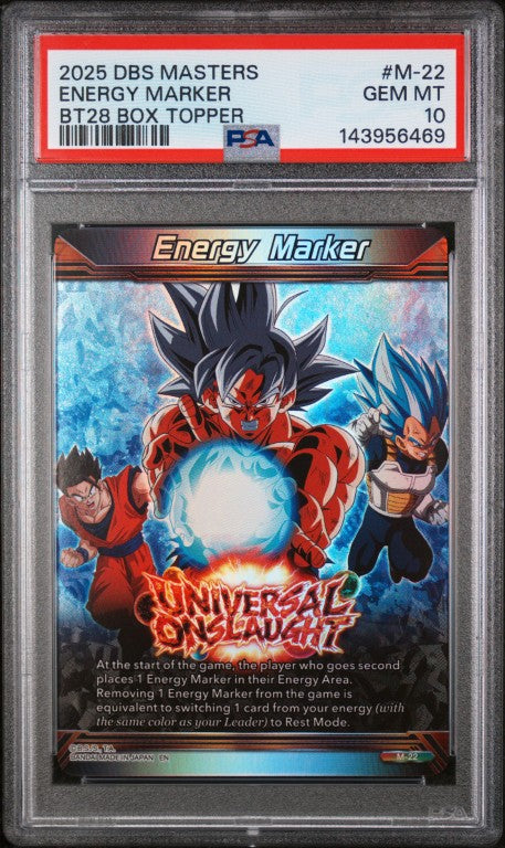 2025 Dragon Ball Super Card Game Masters Series 28 Prismatic Clash #M-22 Energy Marker Bt28 Box Topper PSA 10