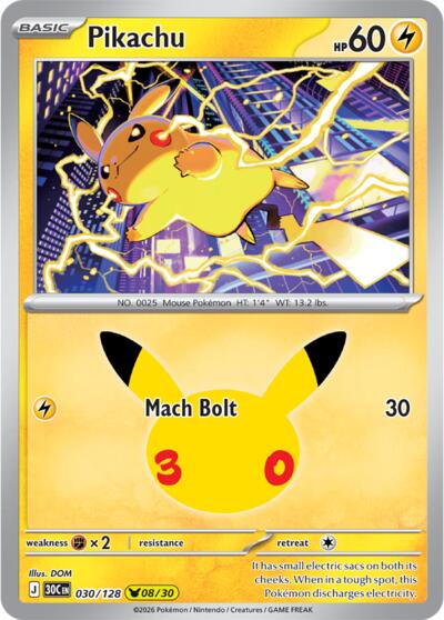 30th Celebration - 030/128 Pikachu Pikachu Rare