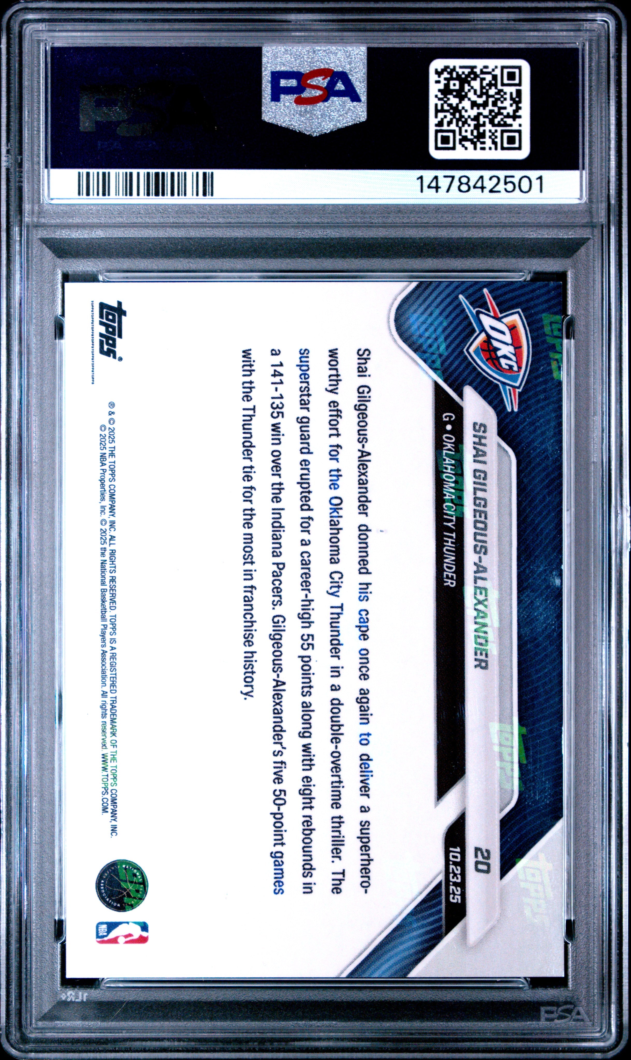 2025 TOPPS NOW #20 S. GILGEOUS-ALEXANDER GREEN FOIL PSA 10