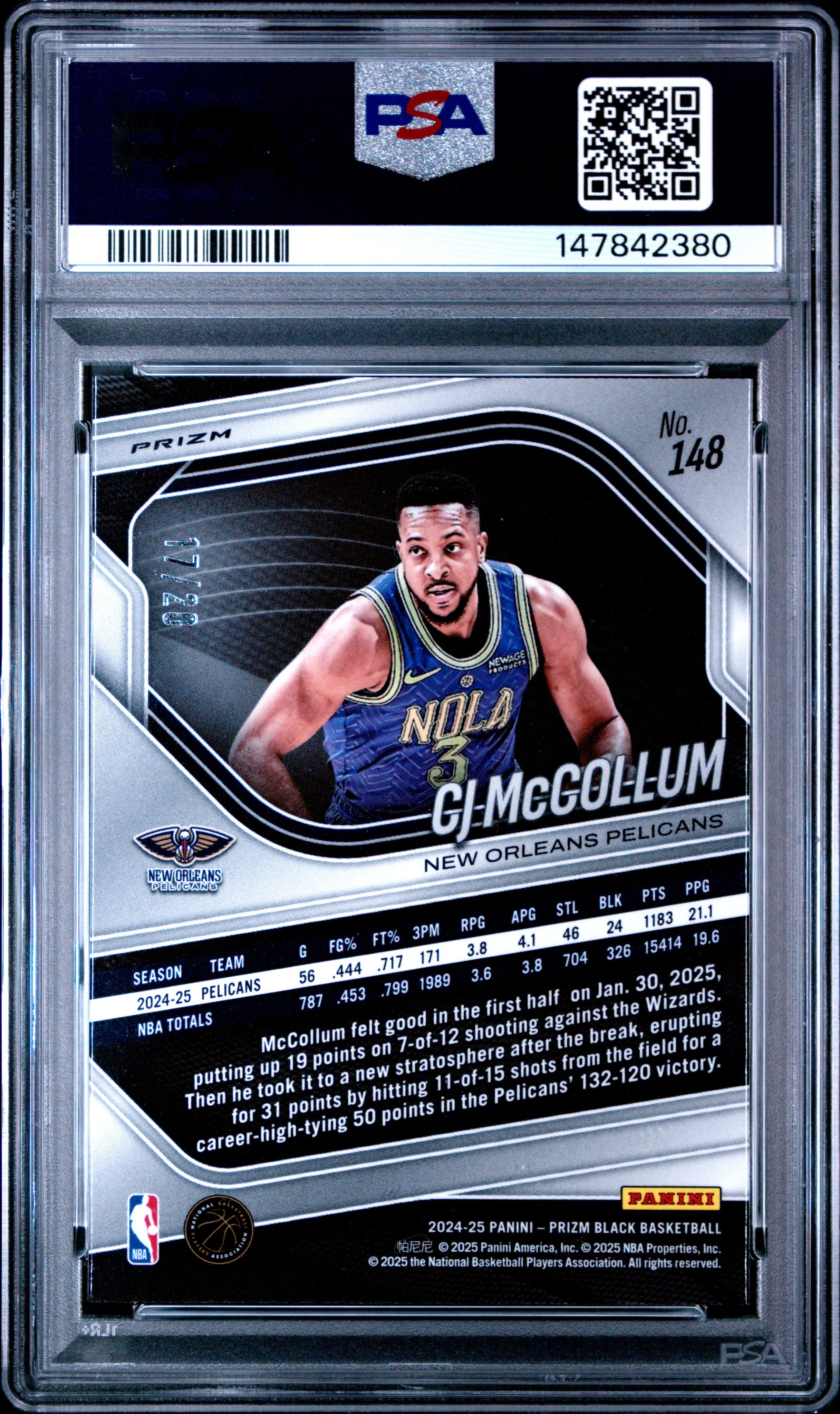 2024 PANINI PRIZM BLACK #148 CJ McCOLLUM CHERRY BLOSSOM PRIZM PSA 9