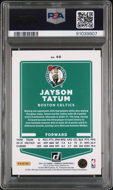 2021 NBA Donruss – Jayson Tatum No.60 (Green/Yellow Laser) – PSA 9 (MINT)