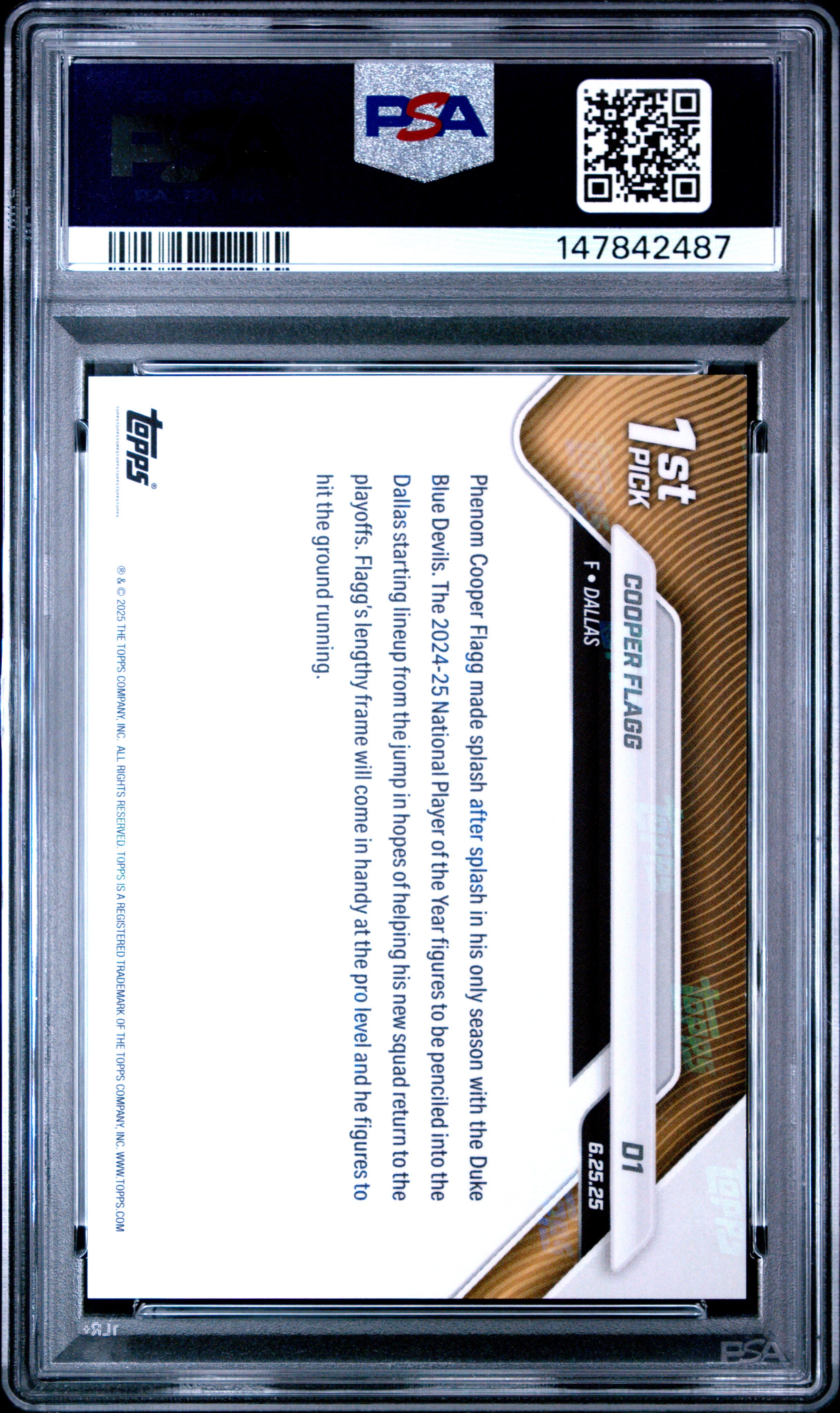 2025 TOPPS NOW DRAFT #D1 COOPER FLAGG PSA 10