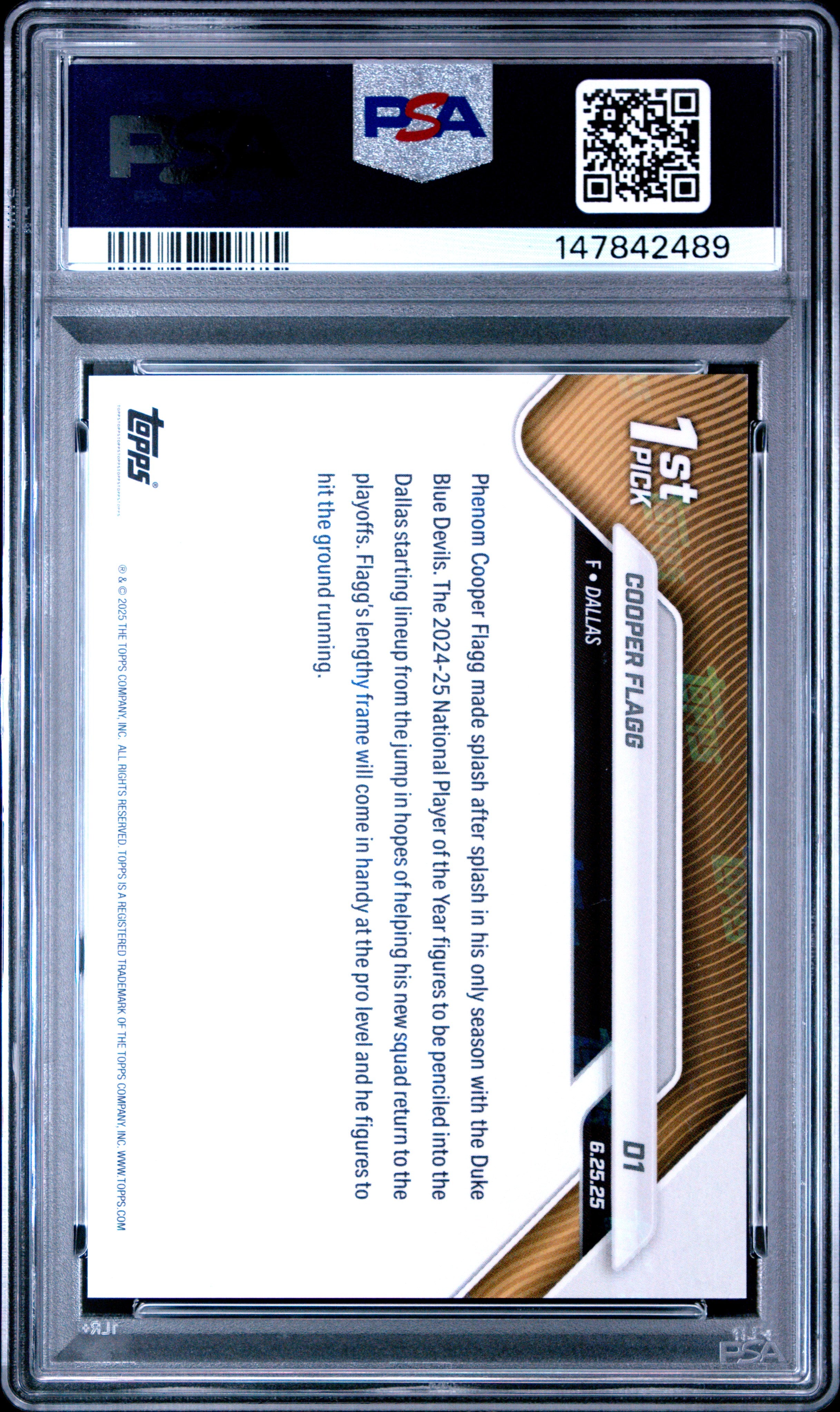 2025 TOPPS NOW DRAFT #D1 COOPER FLAGG PSA 9