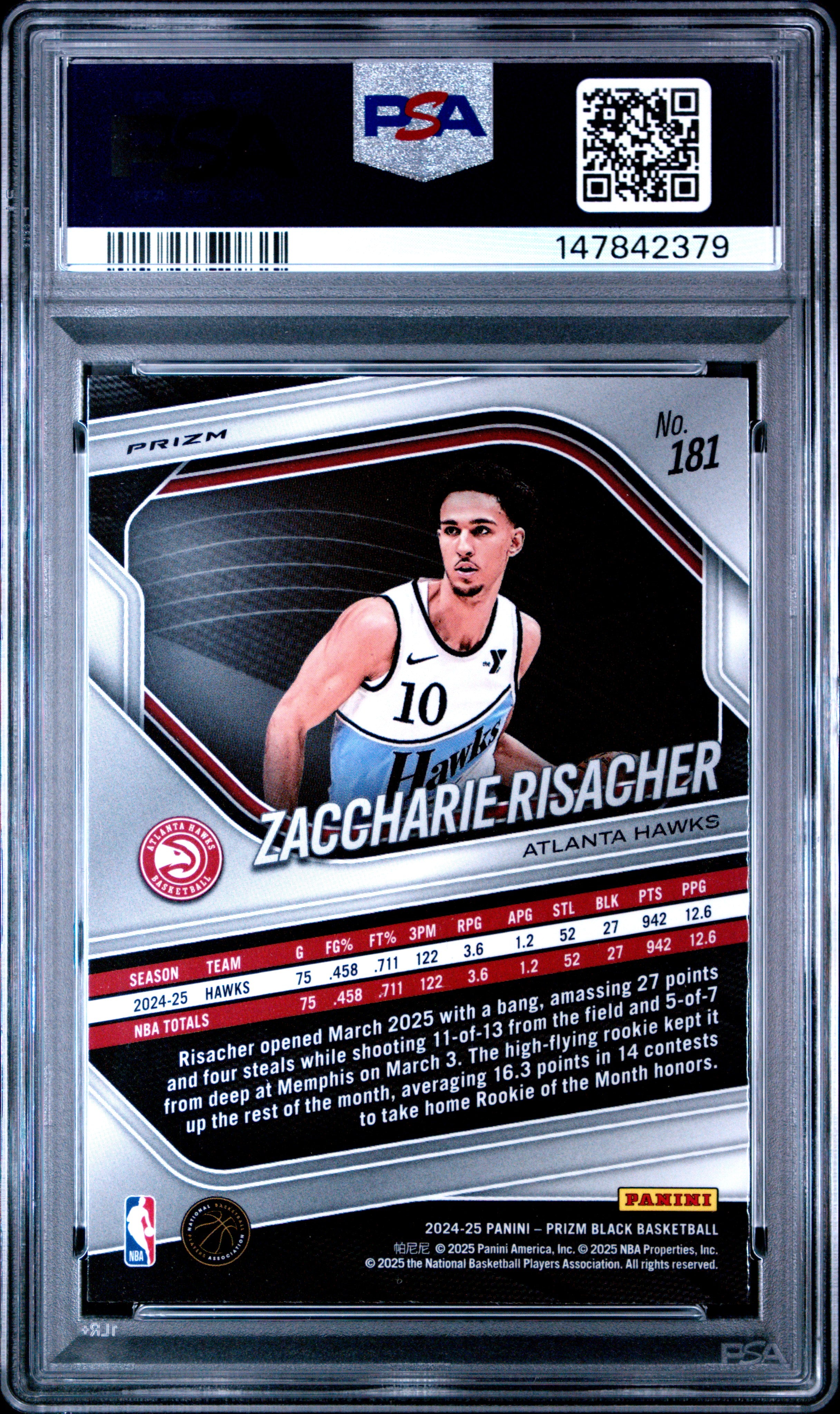 2024 PANINI PRIZM BLACK #181 ZACCHARIE RISACHER RUBY WAVE  PSA 8