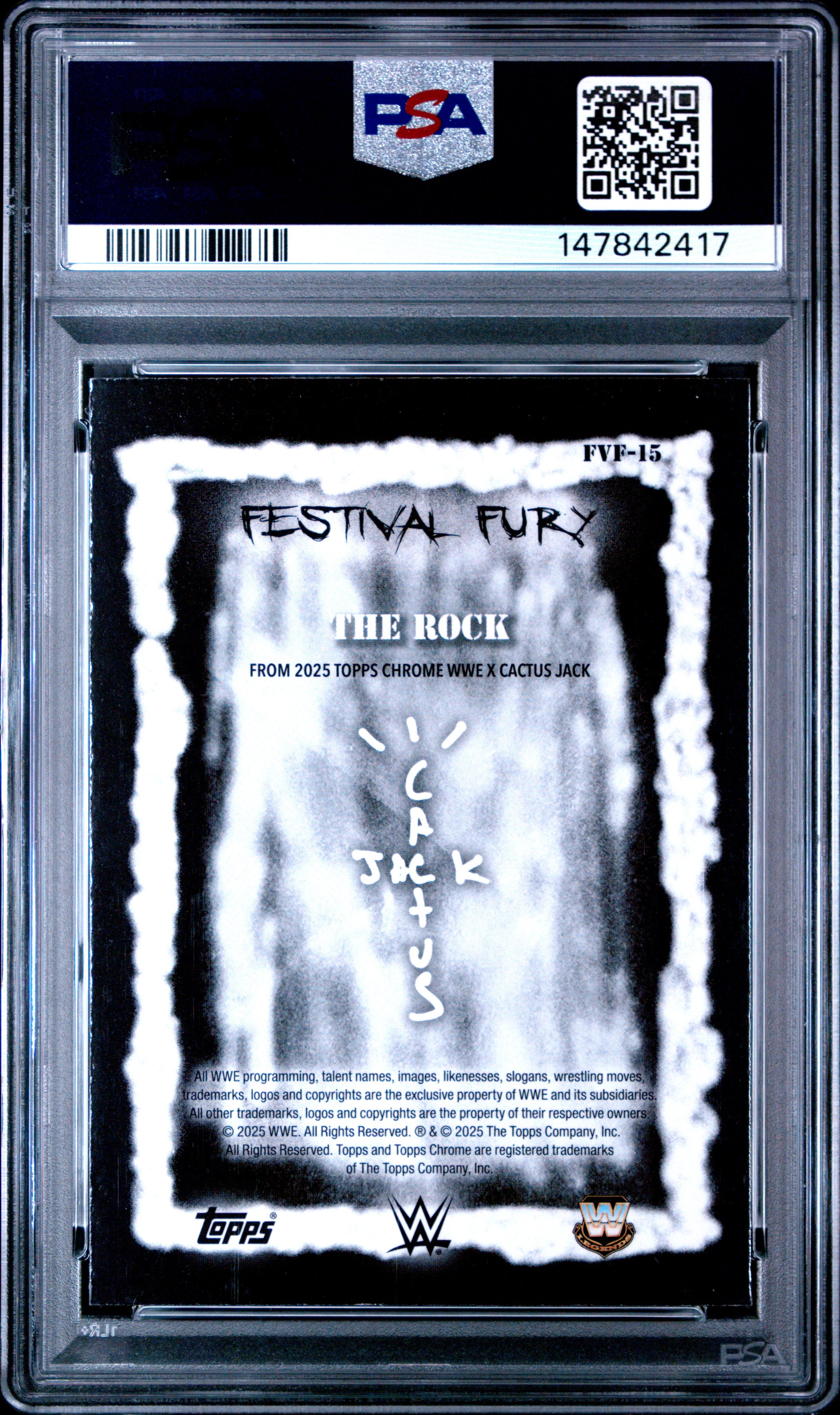 2025 TOPPS CHROME WWE X CACTUS JACK FESTIVAL FURY #15 THE ROCK FESTIVAL FURY-GREEN REF PSA 8