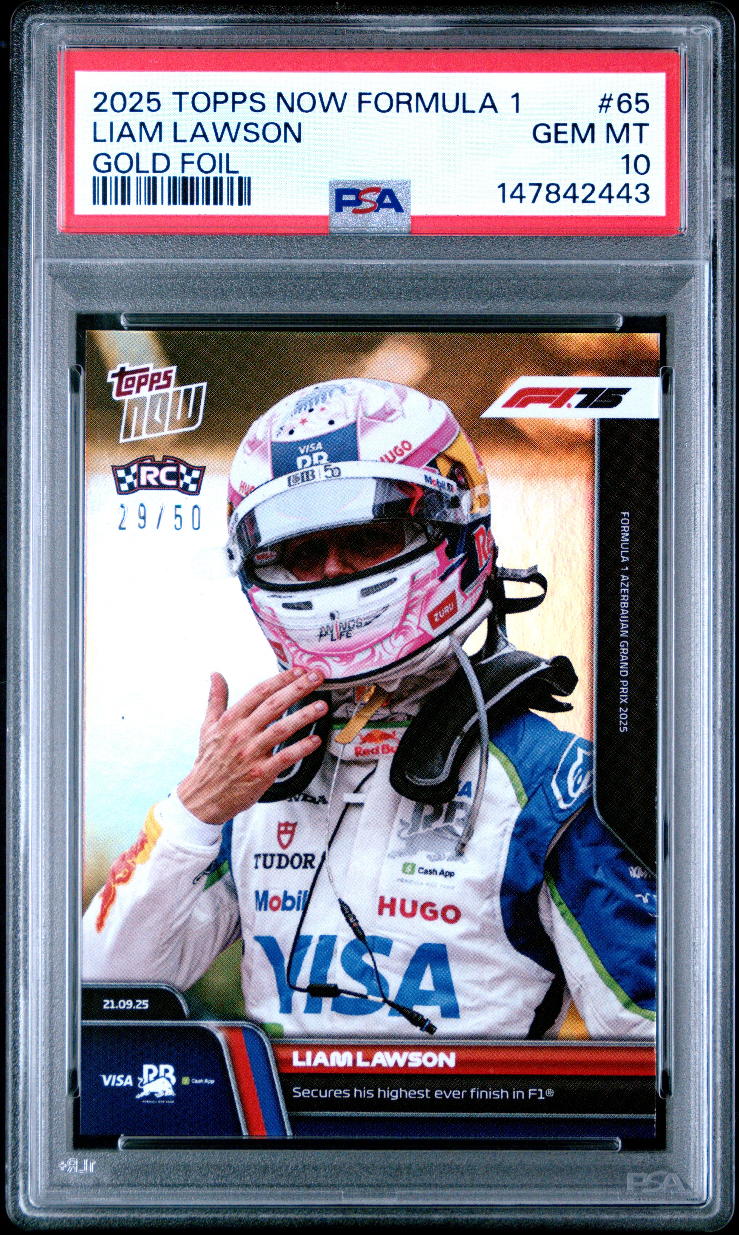 2025 TOPPS NOW FORMULA 1 #65 LIAM LAWSON GOLD FOIL PSA 10