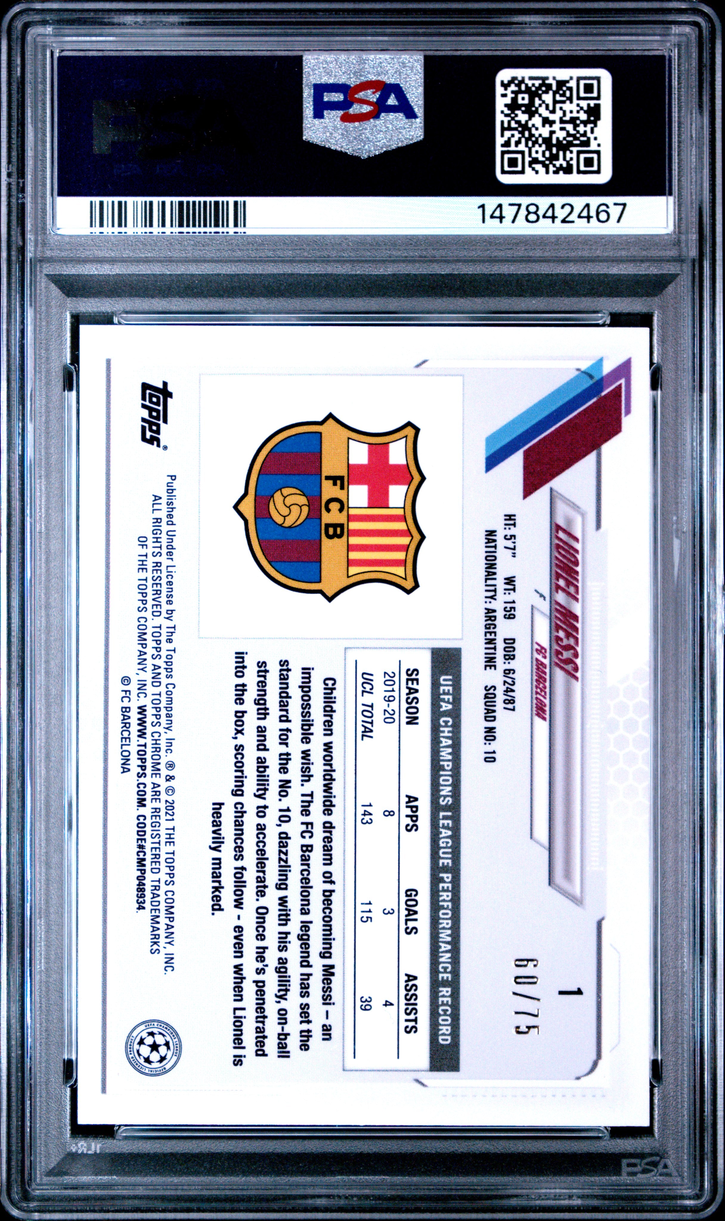 2020 TOPPS CHROME X STEVE AOKI UEFA CHAMPIONS LEAGUE NEON FUTURE #1 LIONEL MESSI NEON FUTURE III PSA 10