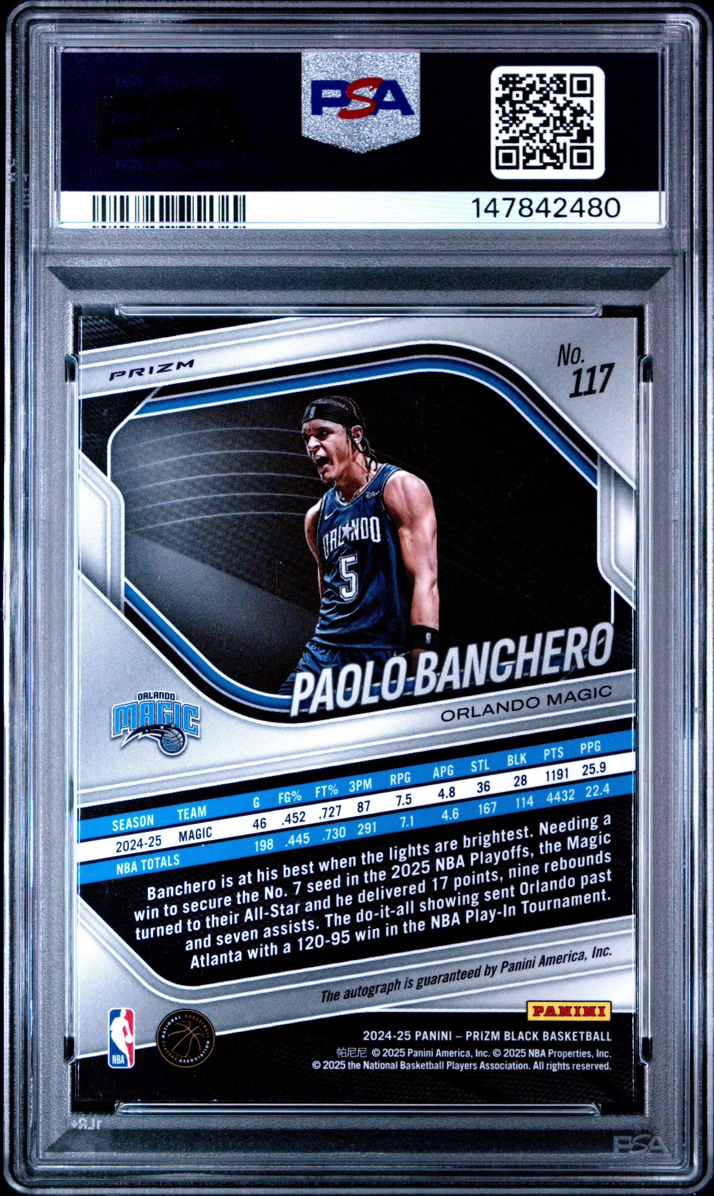 2024 PANINI PRIZM BLACK #117 PAOLO BANCHERO AUTOGRAPH PSA 9