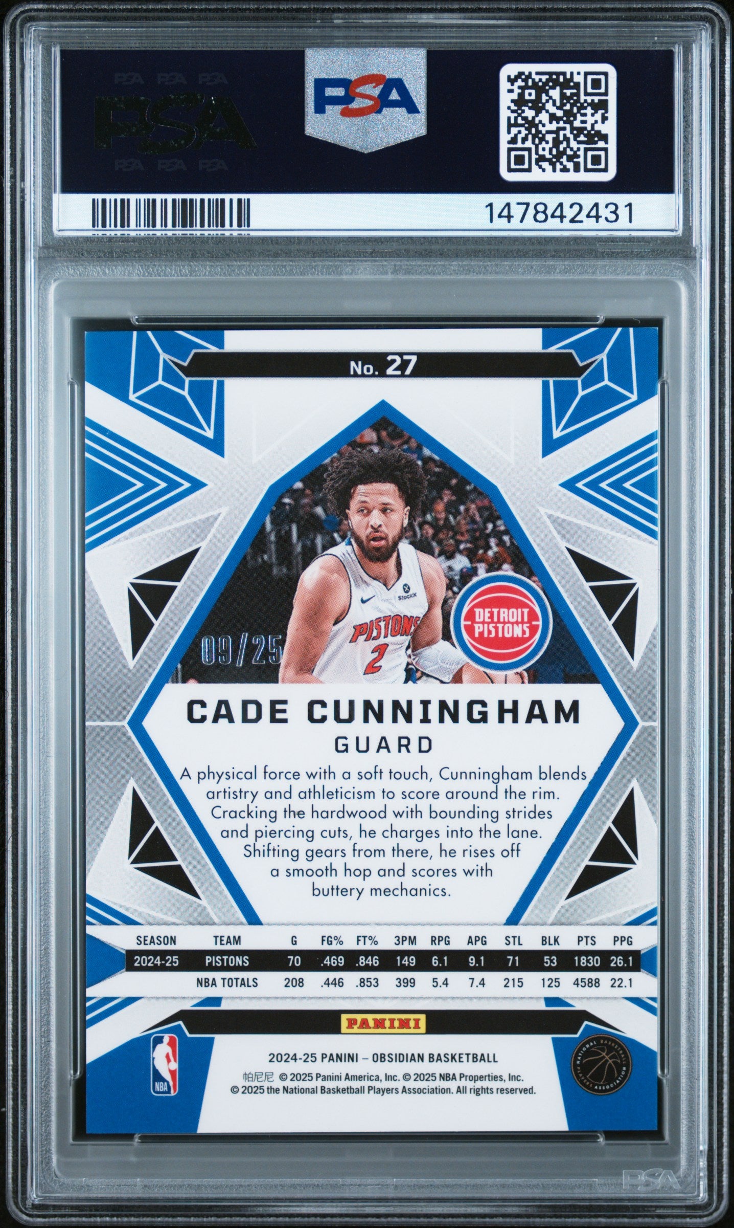 2024 PANINI OBSIDIAN #27 CADE CUNNINGHAM ELECTRIC ETCH JADE PSA 10