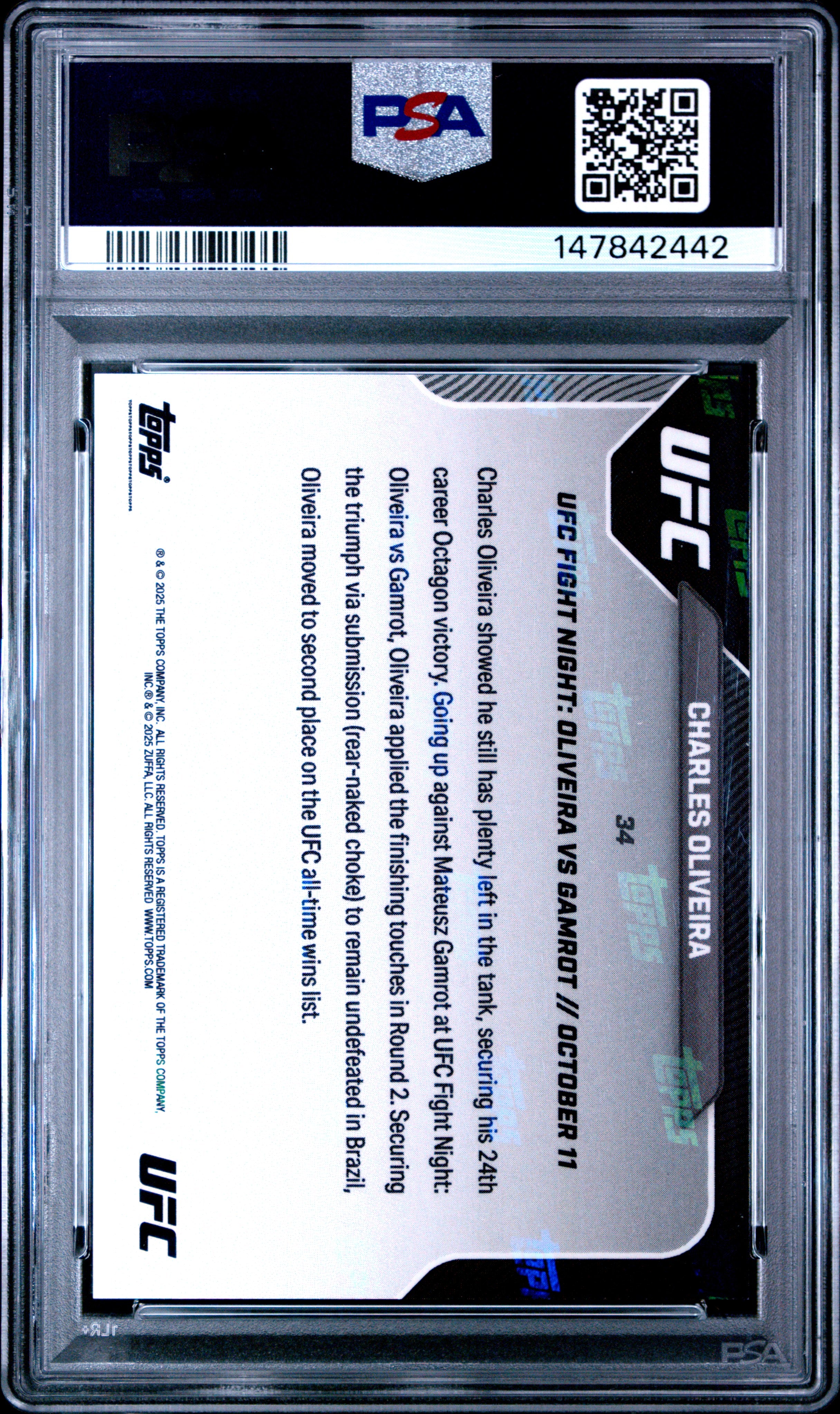 2025 TOPPS NOW UFC #34 CHARLES OLIVEIRA ORANGE FOIL PSA 9