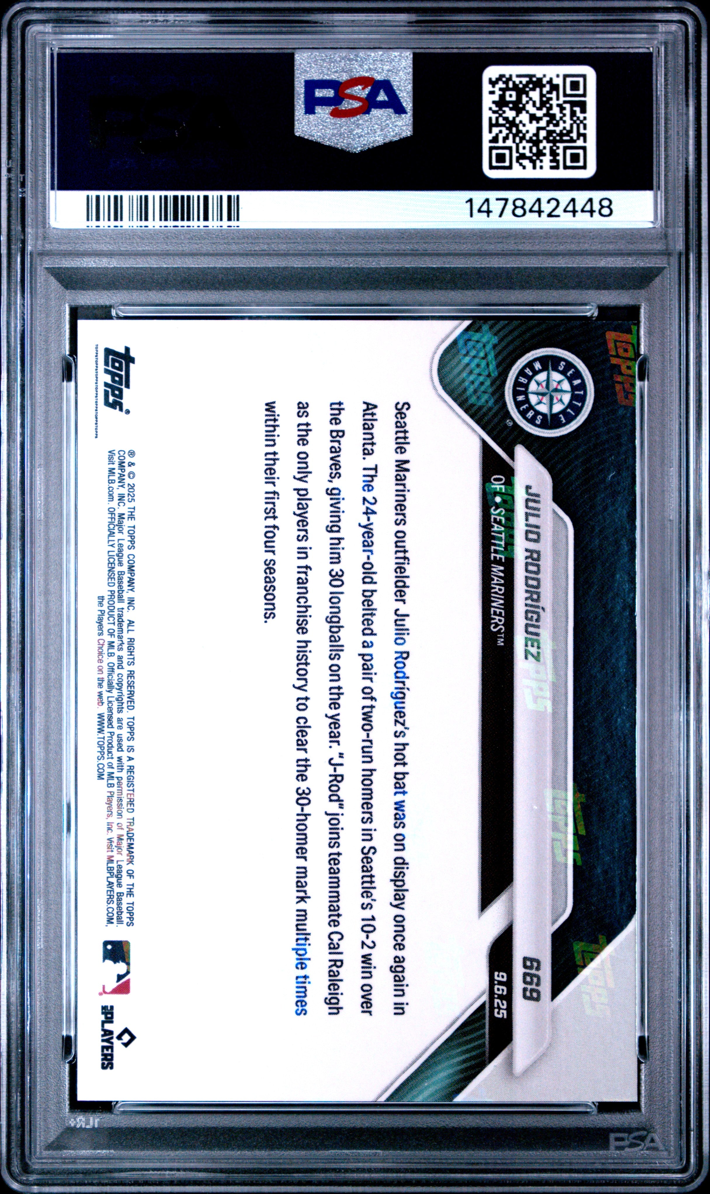 2025 Topps Julio Rodriguez 669 Topps Now Orange Foil PSA 9